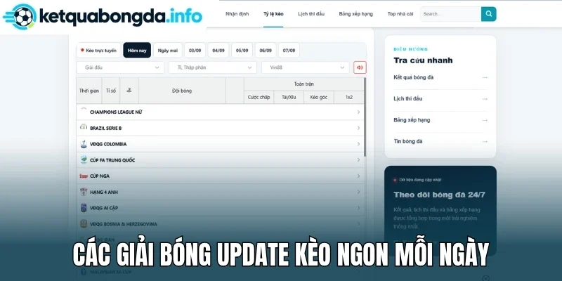 Các giải bóng update kèo ngon mỗi ngày