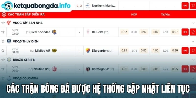 Các trận bóng đá được hệ thống cập nhật liên tục