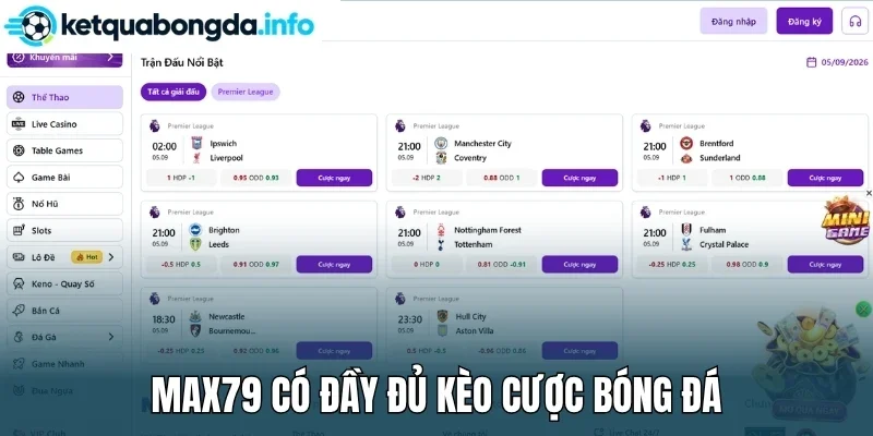 Max79 có đầy đủ kèo cược bóng đá