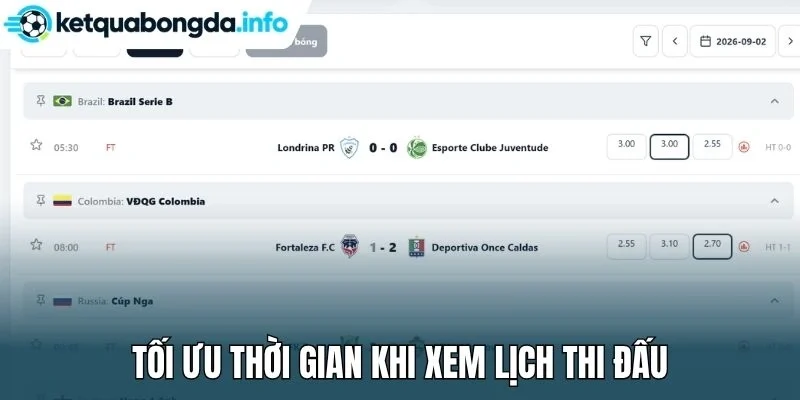 Tối ưu thời gian khi xem lịch thi đấu